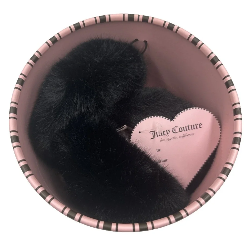 Juicy Couture Black Faux Fur Earmuffs Pink Striped Gift Box Y2K Winter NWT